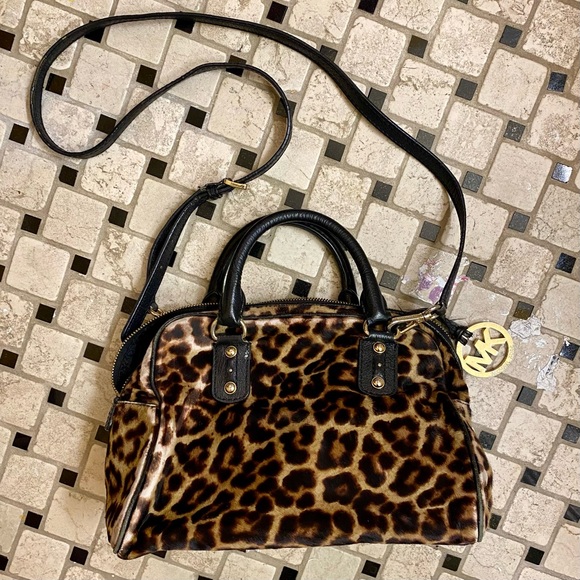 Leopard Calf Hair Purse Black and Gold Handbag Michael Kors Cheetah Animal Print - Picture 1 of 13